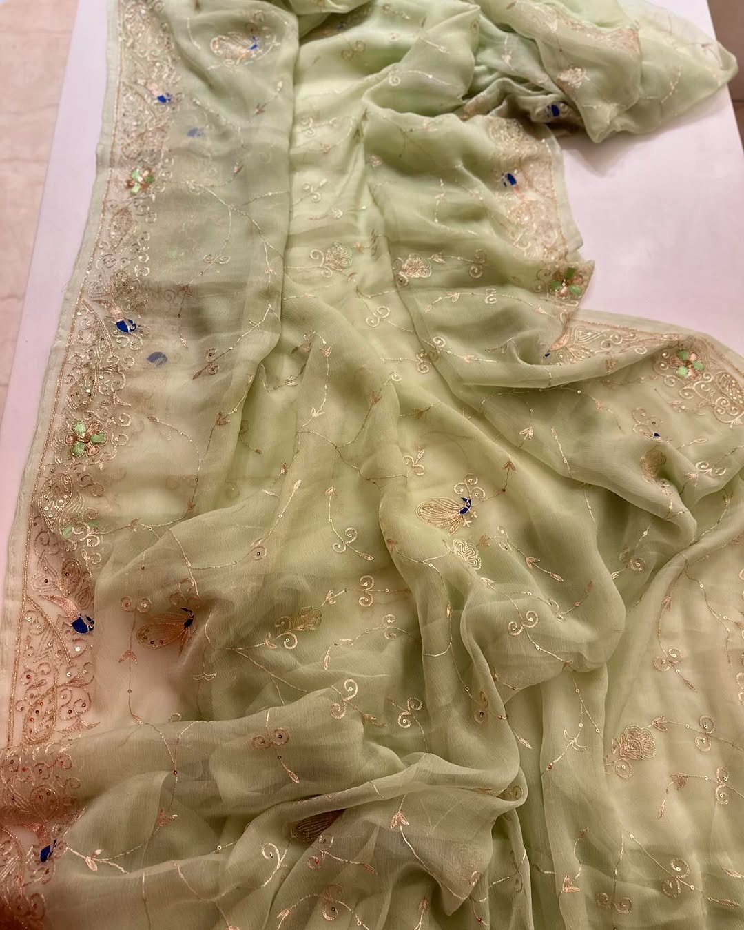 Pure Jaipuri Chiffon Jaal Work Saree With Beautiful Rajputi look and Running Blouse