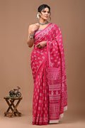 Pure Mulmul Cotton hand block Print Saree with Blouse