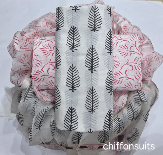 Pure cotton hand-block print suit with Chiffon dupatta