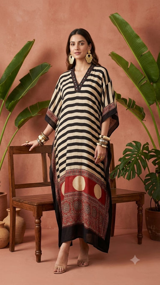 Pure Modal Silk Handblock Printed Kaftans Stitched suit With Hand Mirror Work