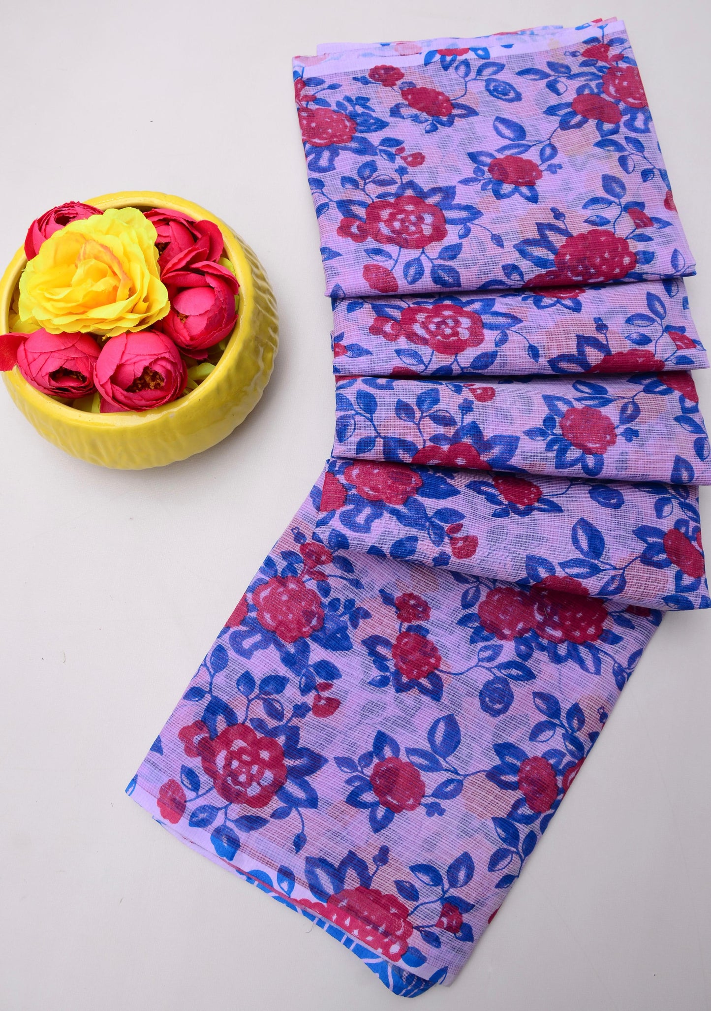 Pure Cotton Kota Doria Kalam Kari Floral Print Saree