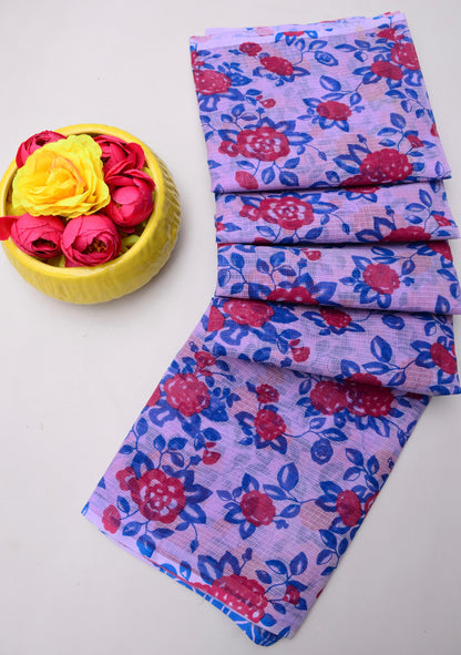 Pure Cotton Kota Doria Kalam Kari Floral Print Saree