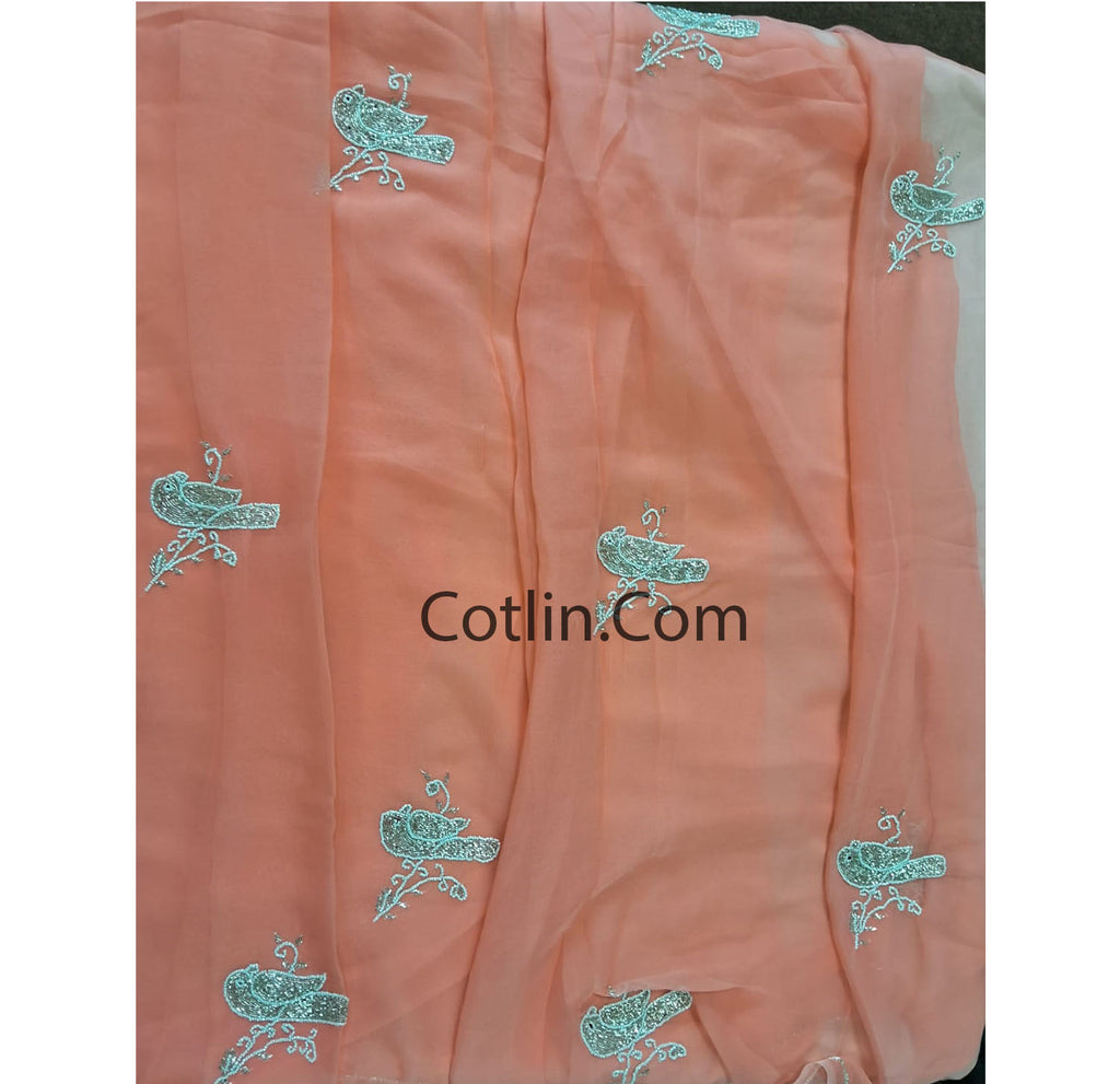 Beautiful Pure Jaipuri Chiffon 13 big Bird motif work Saree with blouse