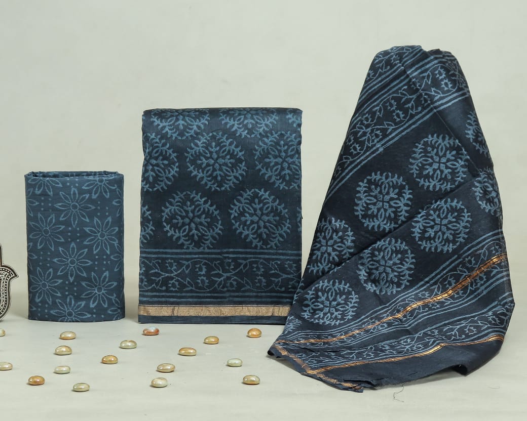 Hand Block Print Chanderi Silk Unstitched Suit