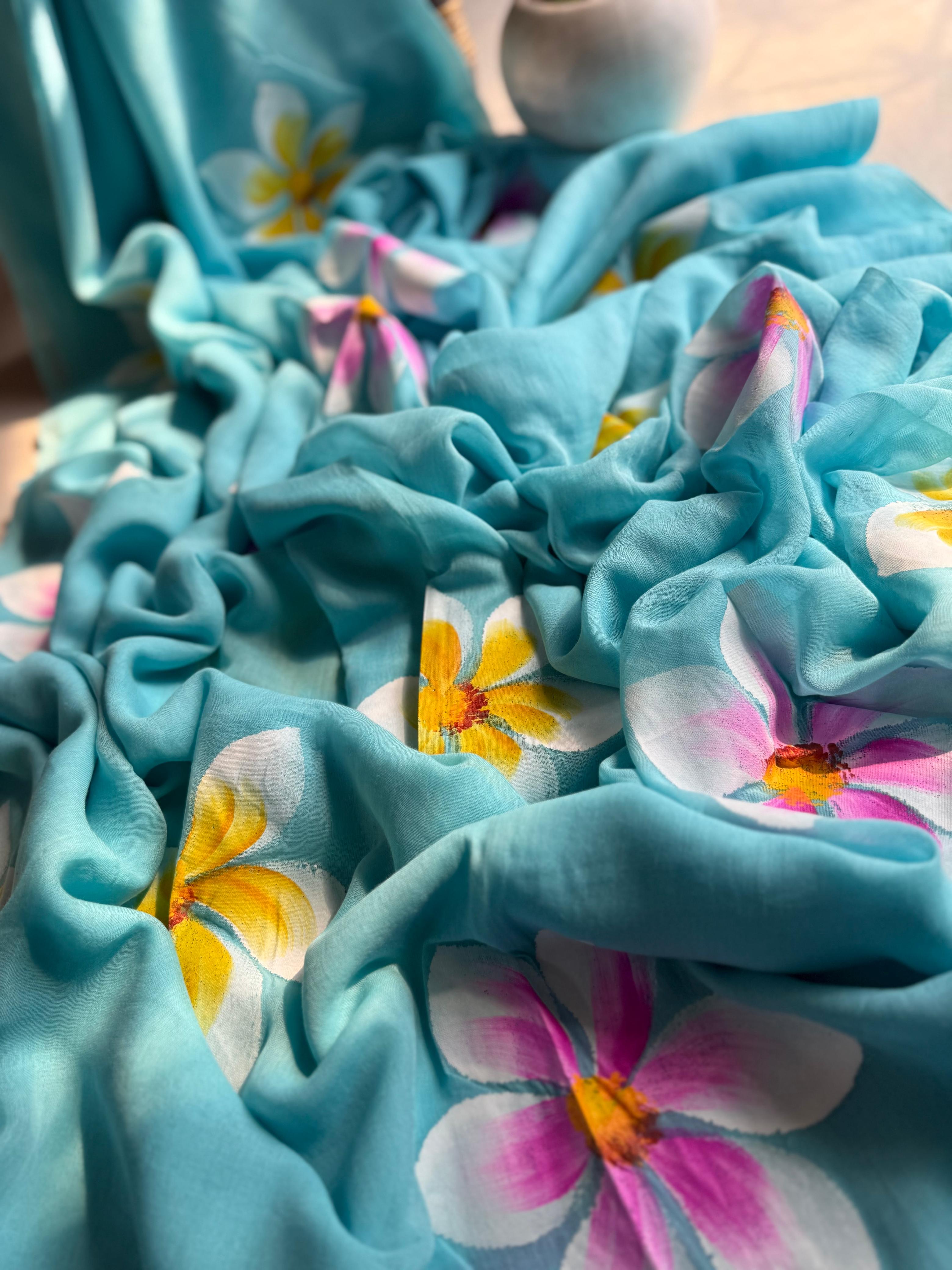 Beautiful Mulmul   Cotton Flowers design Hand Painted Saree