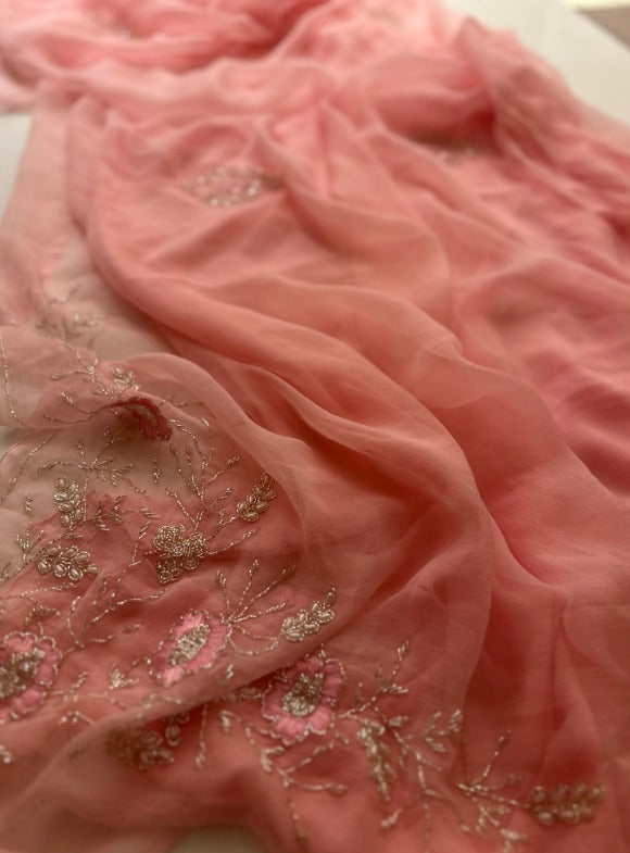 Pure Jaipuri Diamond Chiffon Elegance Hand Work Jaal Saree With Running Blouse