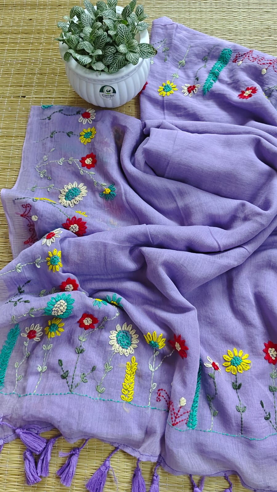 Beautiful Hand Stitch Pure Mul Cotton Saree Without blouse