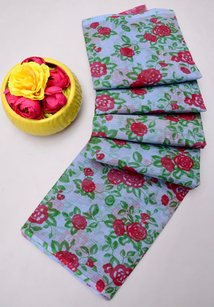 Pure Cotton Kota Doria Kalam Kari Floral Print Saree