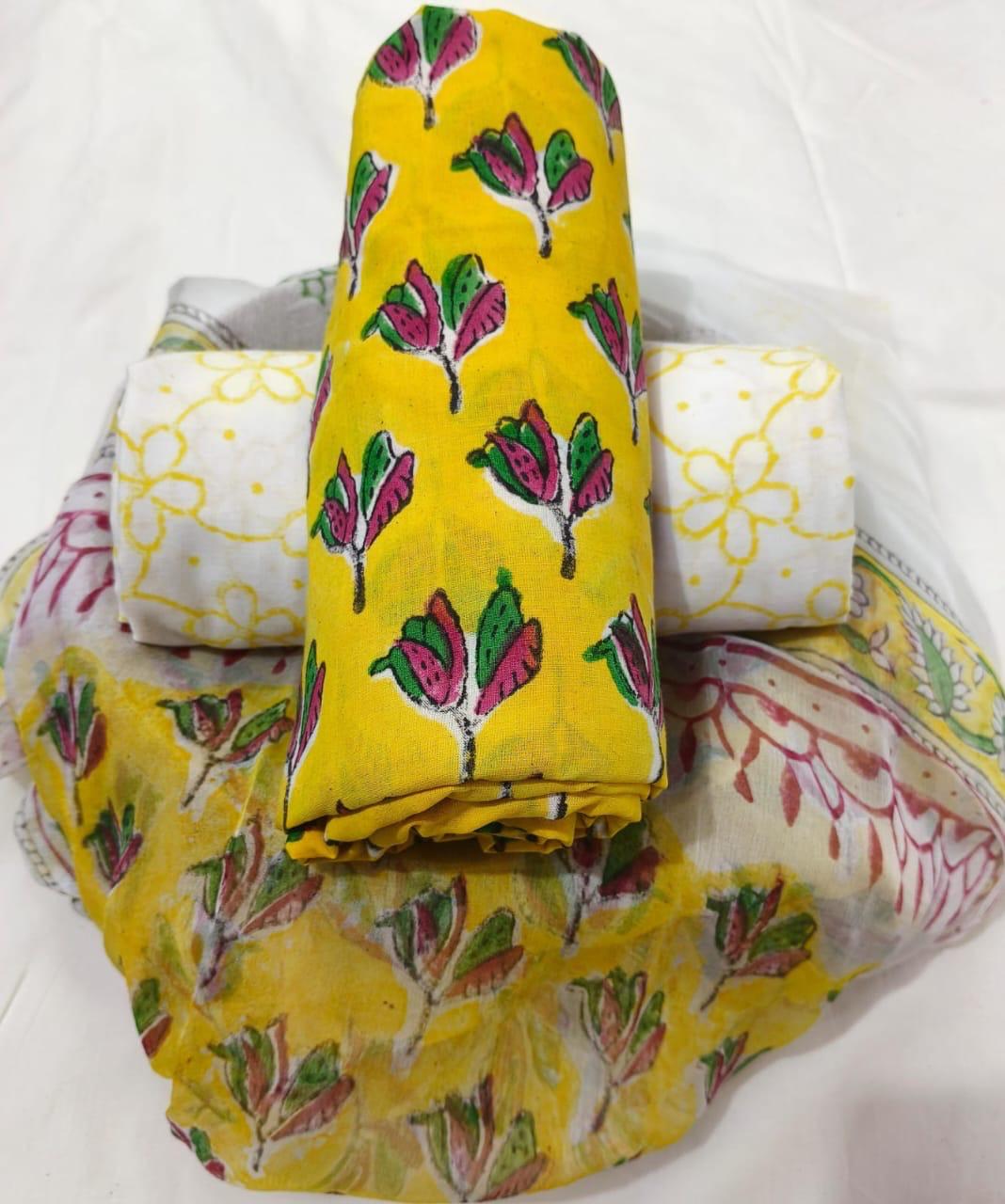 Pure cotton hand-block print suit with Chiffon dupatta
