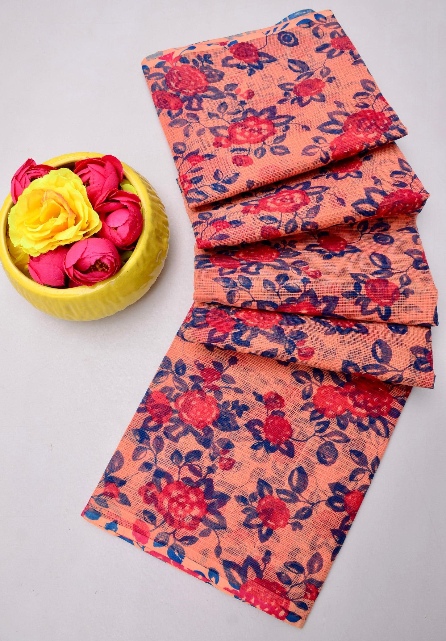 Pure Cotton Kota Doria Kalam Kari Floral Print Saree