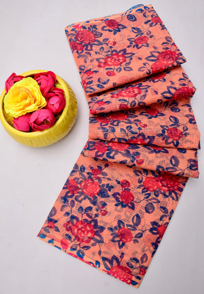 Pure Cotton Kota Doria Kalam Kari Floral Print Saree