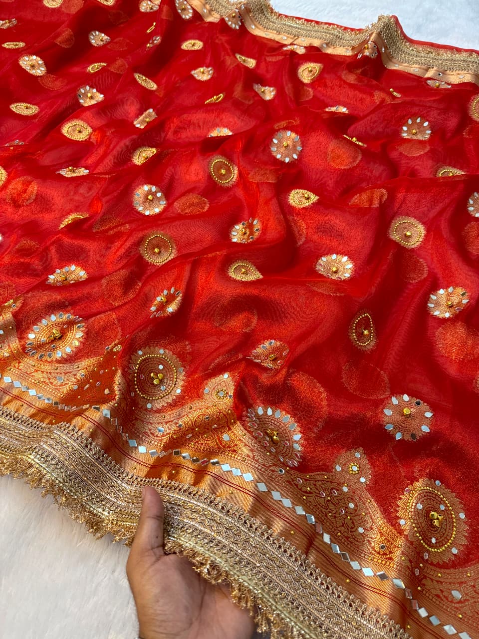 Premium Banarasi Tissue Zari Weaving Saree with Ghungroo Handwork Border