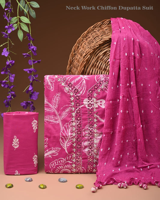 Designer gota patti hand work cotton  unstitched suit with chiffon   dupatta