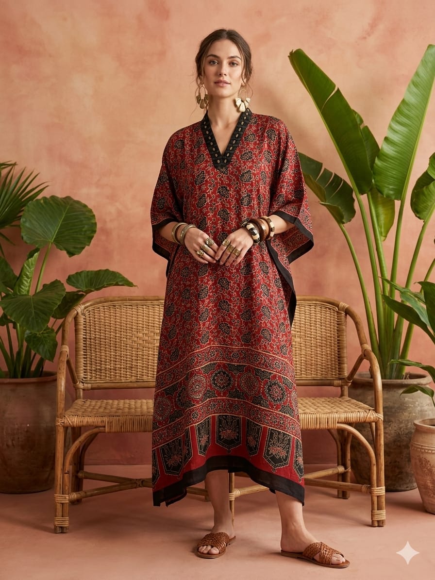 Pure Modal Silk Handblock Printed Kaftans Stitched suit With Hand Mirror Work