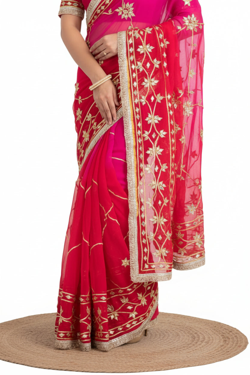 Pure Diamond Chiffon Gota Patti  Work Saree With Blouse