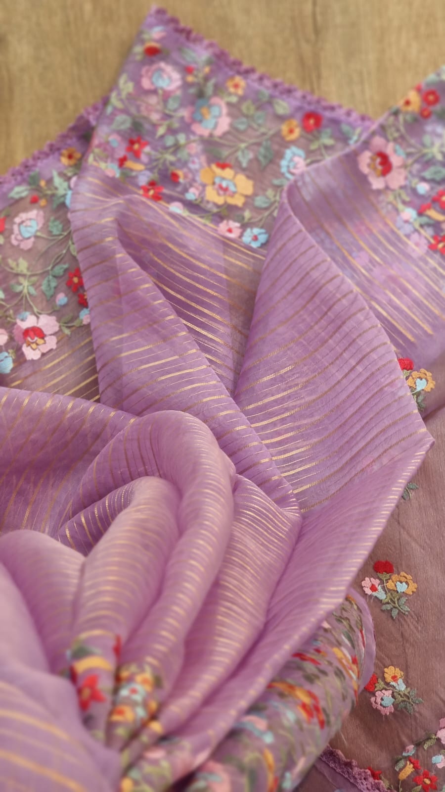 Pure Organza Silk  floral Embroidery Saree with velvet lace and heavy blouse