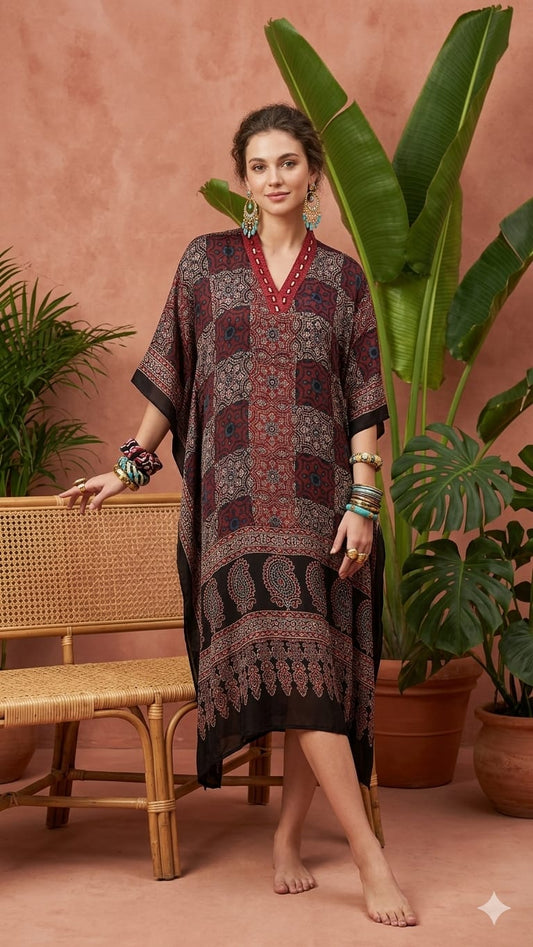 Pure Modal Silk Hand block Printed Kaftans Stitched suit With Hand Mirror Work