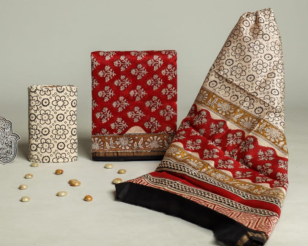Hand Block Print Chanderi Silk Unstitched Suit
