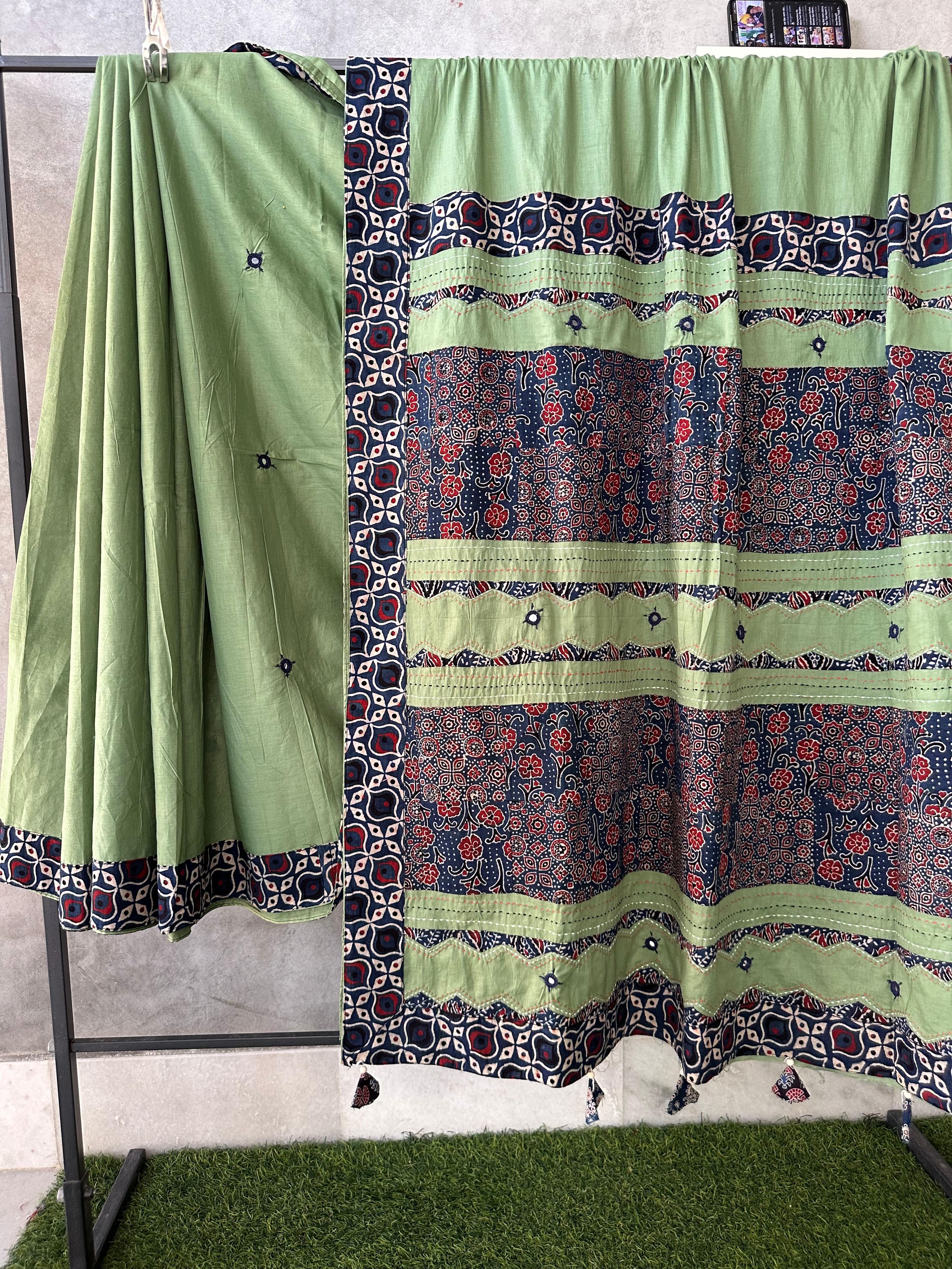 Pure Mul Cotton Saree With Ajrakh Mirror Work