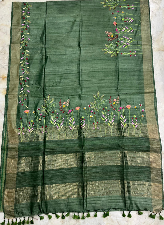 Pure Desi Tussar By Tussar Silk Embroidery Work Saree With Running Blouse