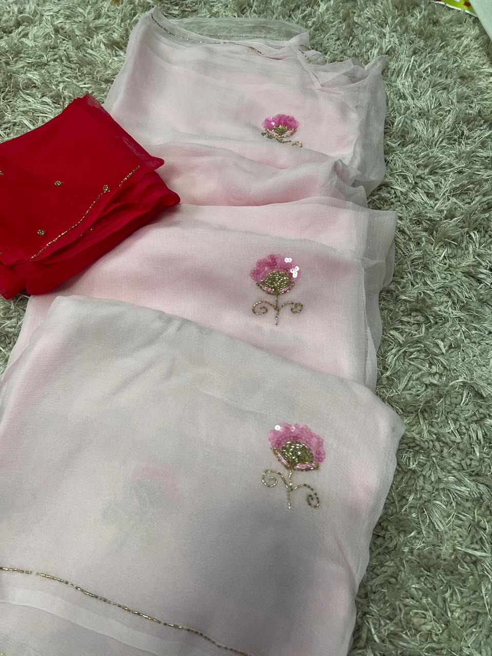 Baby pink Color Flower motif design pure jaipuri Chiffon Saree