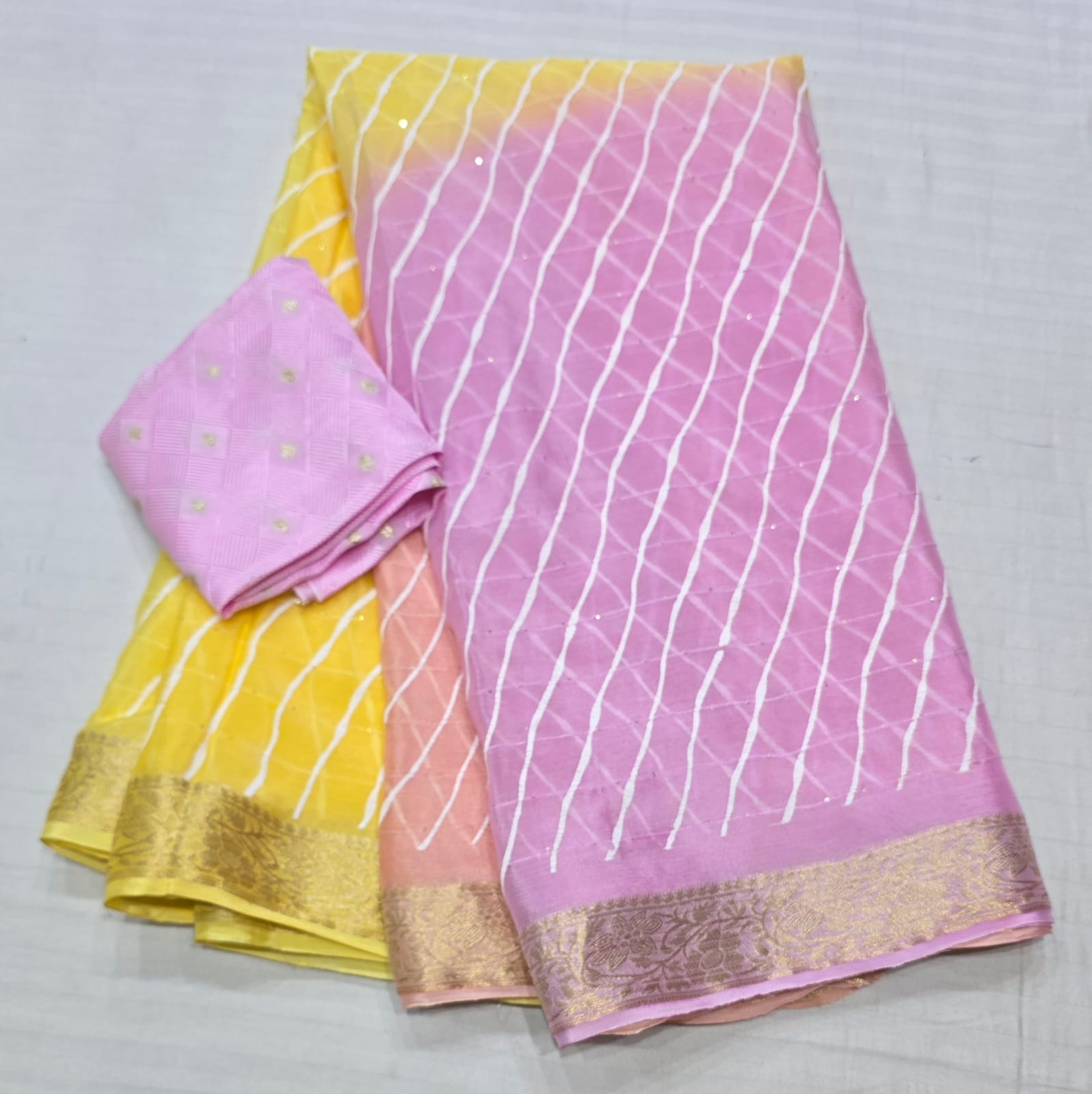 Pure Chinon Leheriya Printed Saree with Sequins work