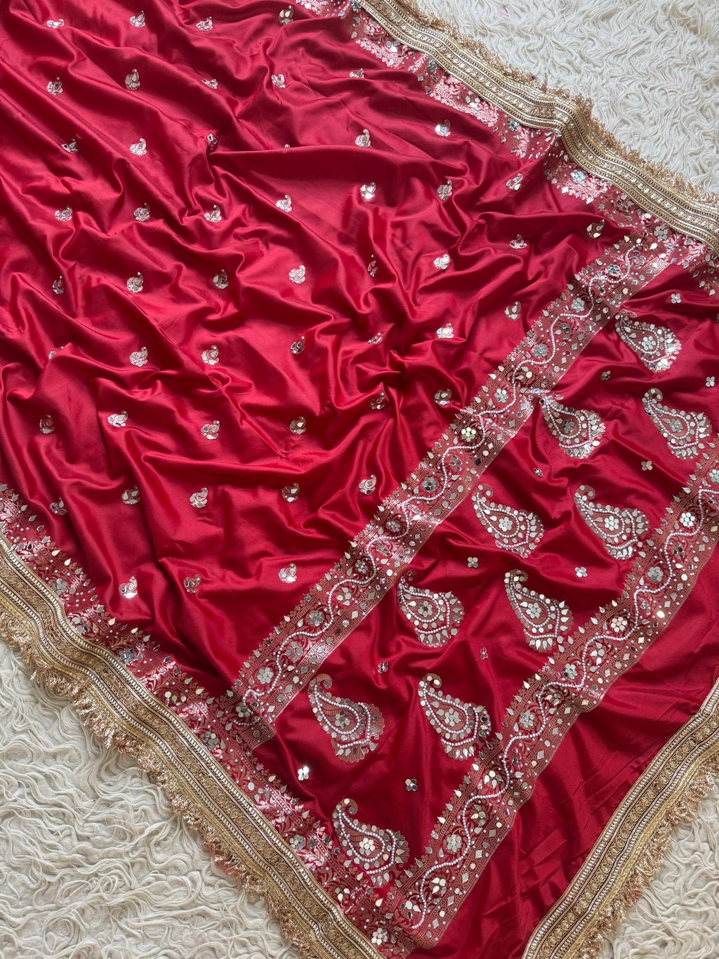 Banarasi Katan Mirror Work Saree With Beautiful Maharani Borders