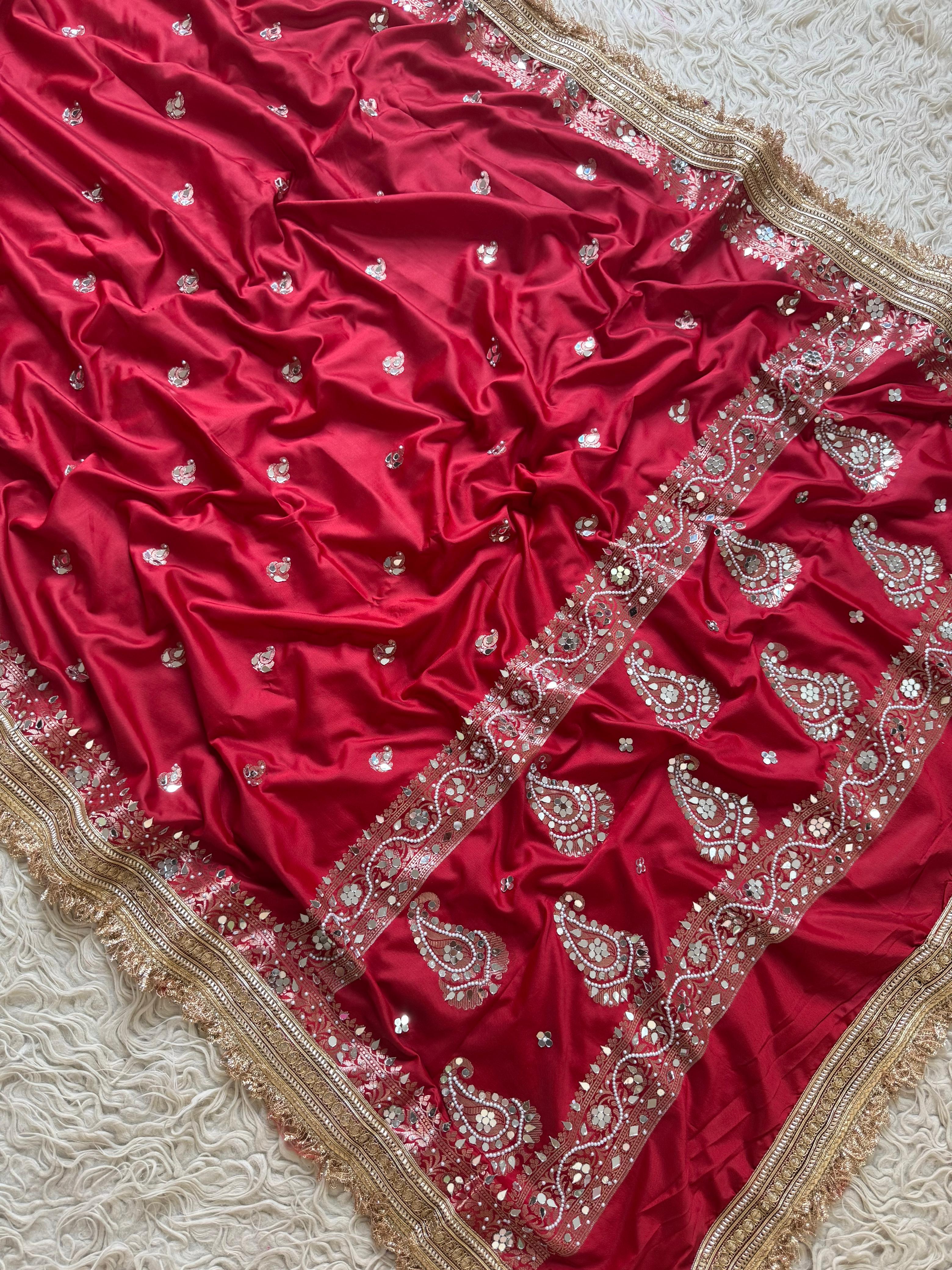 Banarasi Katan Mirror Work Saree With Beautiful Maharani Borders