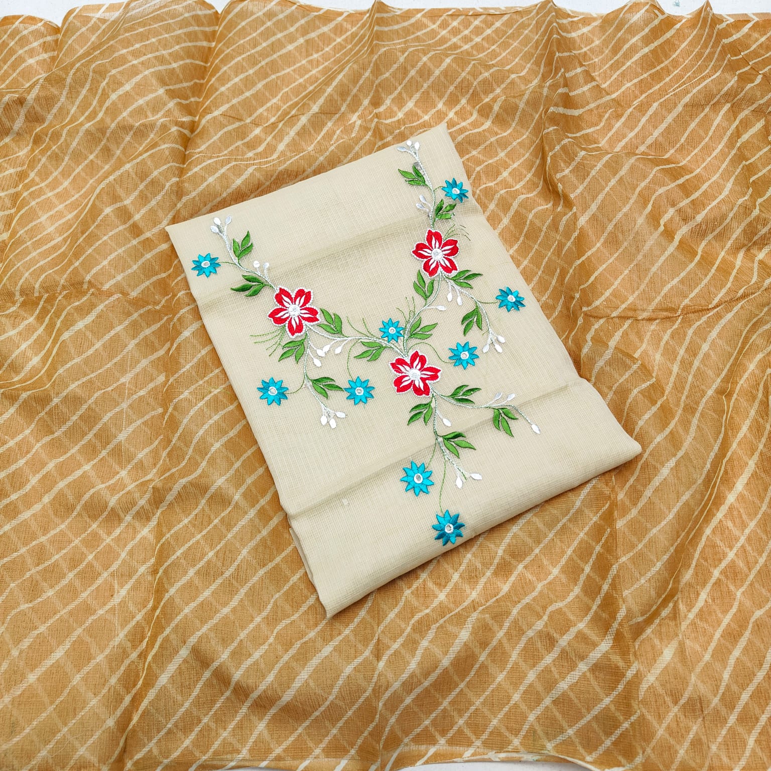 Pure Kota-Doria Unstitched Suit with Embroidery Work