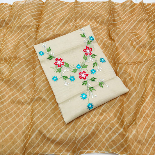 Pure Kota-Doria Unstitched Suit with Embroidery Work
