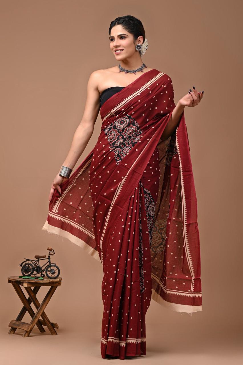 Pure Mulmul Cotton hand block Print Saree with Blouse