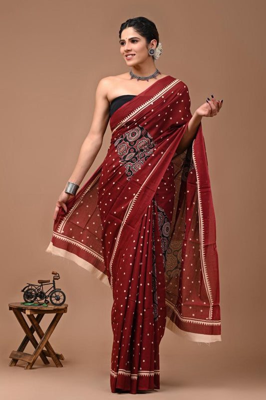 Pure Mulmul Cotton hand block Print Saree with Blouse
