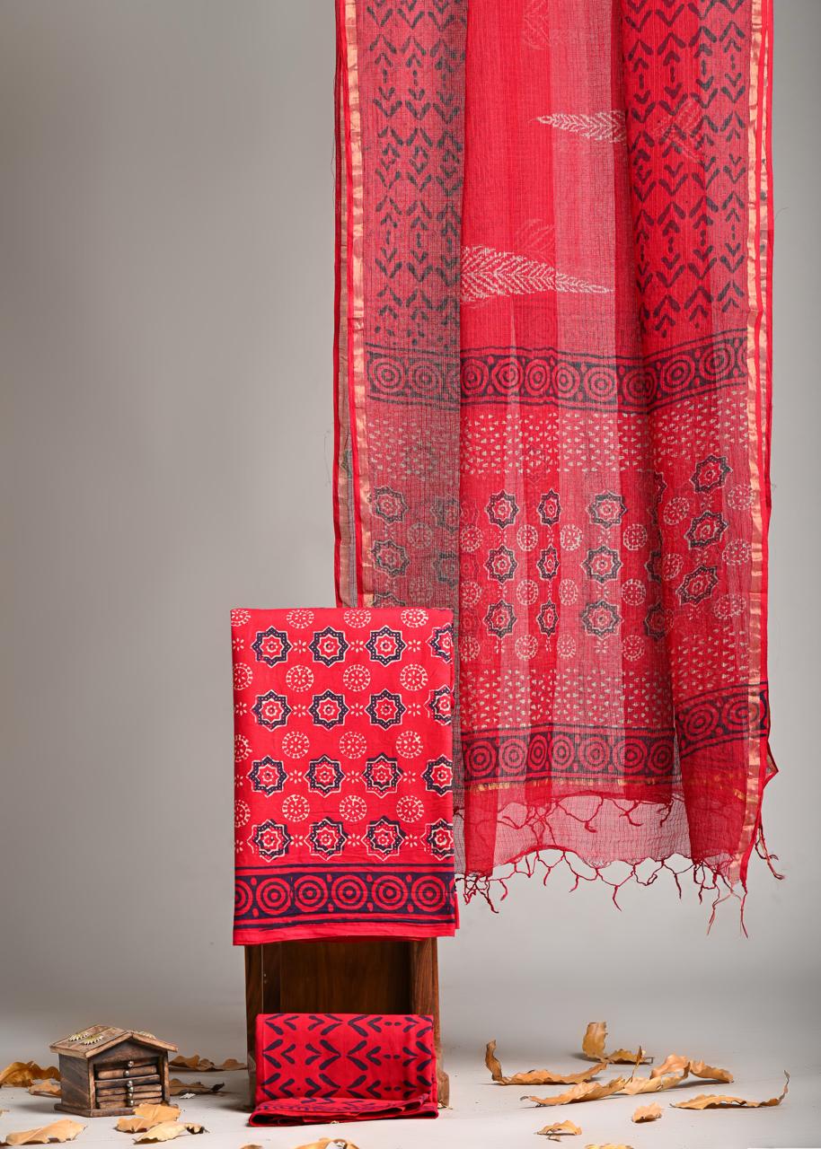 Pure Cotton Hand Block Print Suit With Kota Doriya Dupatta