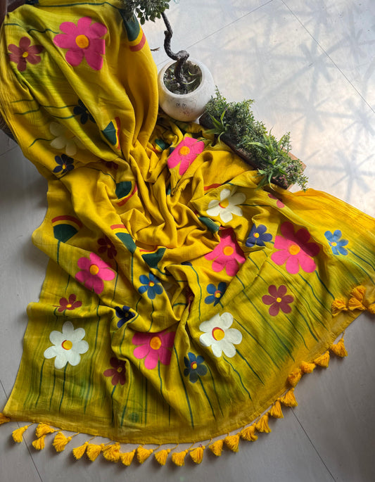 Beautiful Mulmul Cotton Flowers design Hand Painted Saree