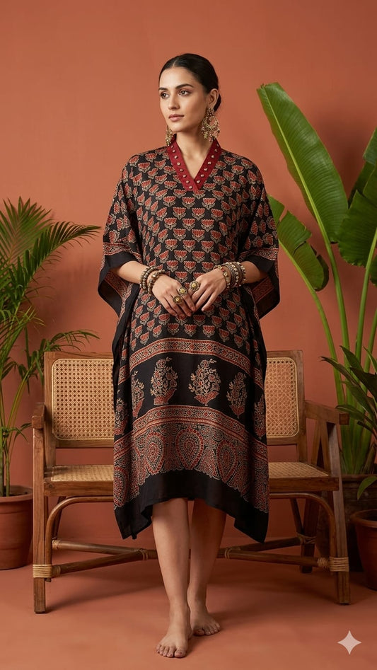 Pure Modal Silk Handblock Printed Kaftans Stitched suit With Hand Mirror Work