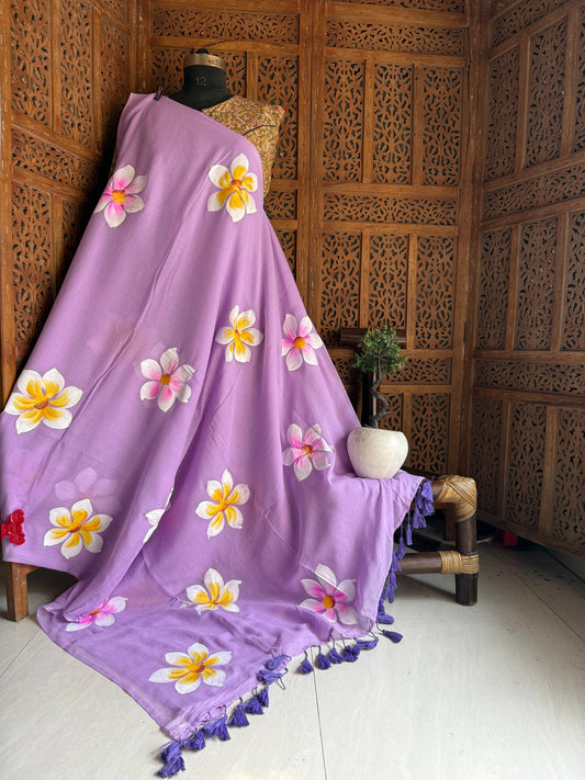 Beautiful Mulmul   Cotton Flowers design Hand Painted Saree
