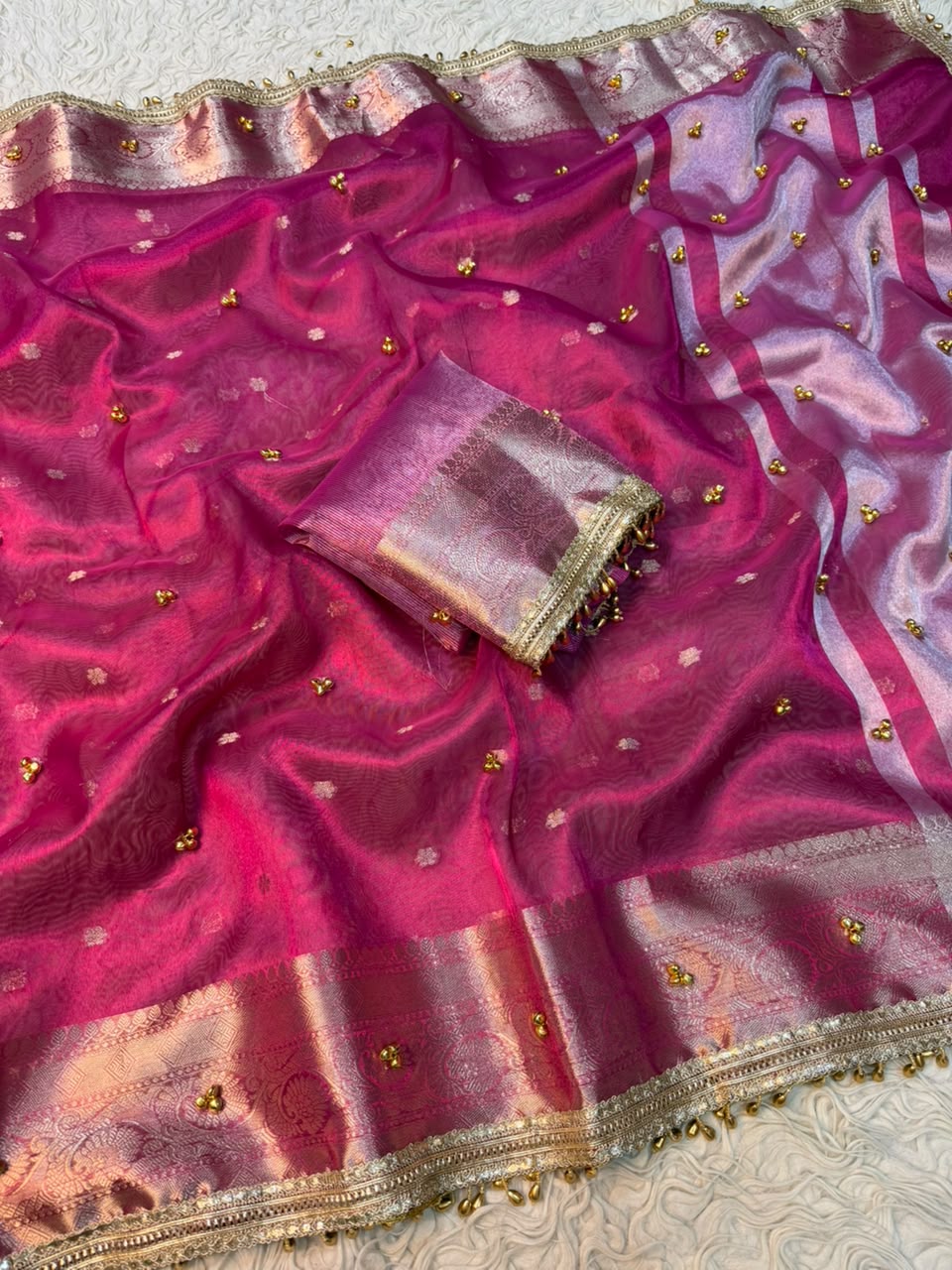 Premium Banarasi Tissue Zari Weaving Saree with Ghungroo Handwork Border