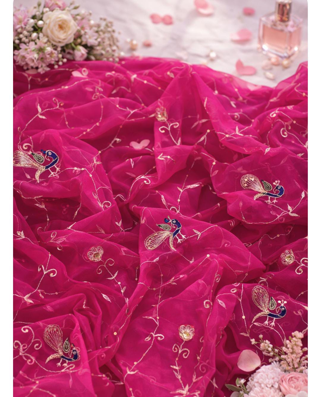 Pure Jaipuri Chiffon Jaal Work Saree With Beautiful Rajputi look and Running Blouse