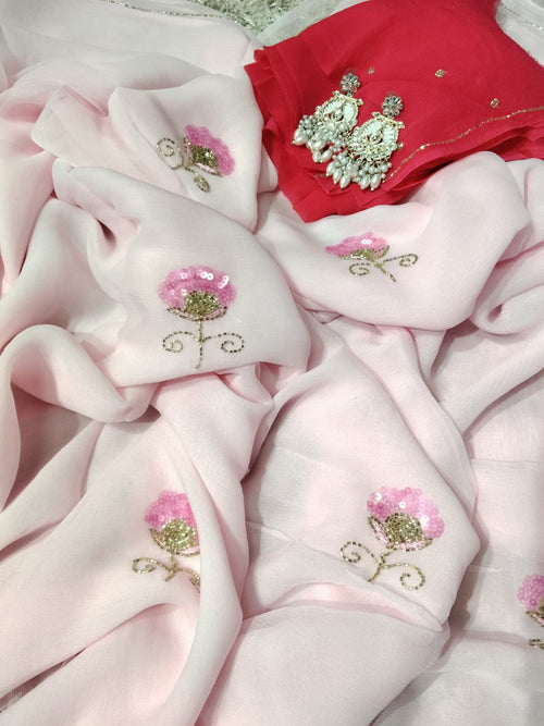 Baby pink Color Flower motif design pure jaipuri Chiffon Saree