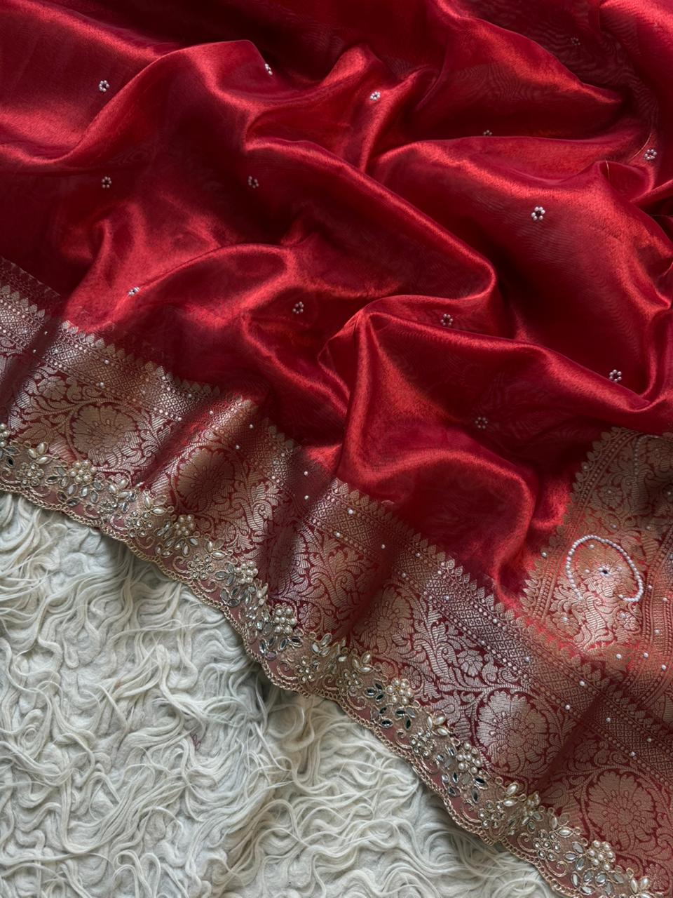 Banarasi Tissue Silk Saree With beautiful borders with beads work