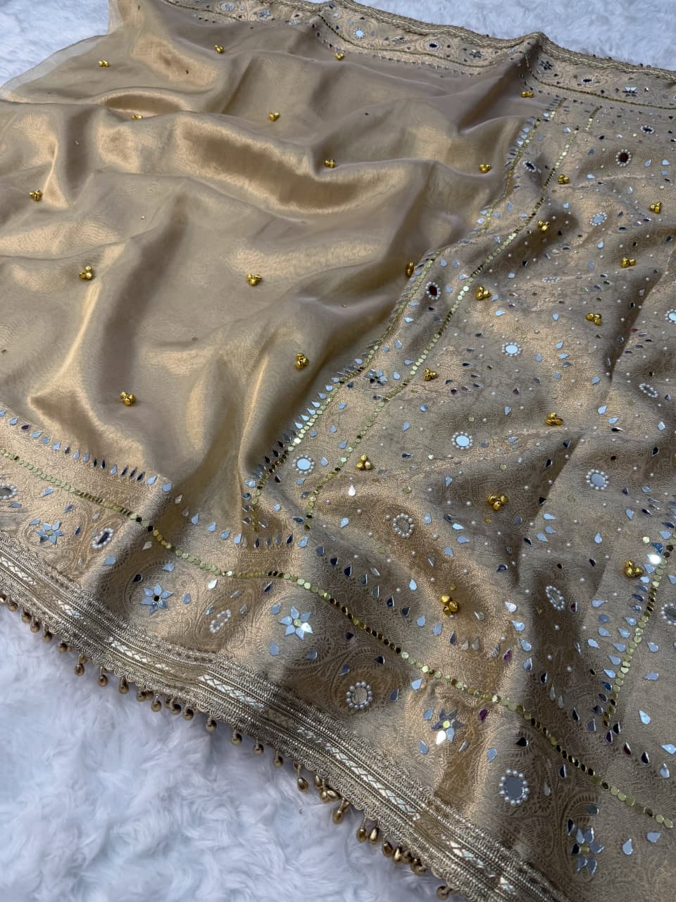 Premium Banarasi Tissue Zari Weaving Saree with Ghungroo Handwork Border