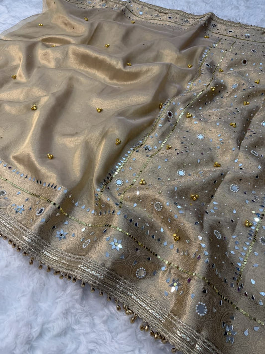 Premium Banarasi Tissue Zari Weaving Saree with Ghungroo Handwork Border