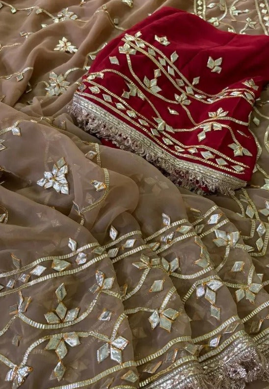 Pure Diamond Chiffon Gota Patti  Work Saree With Blouse