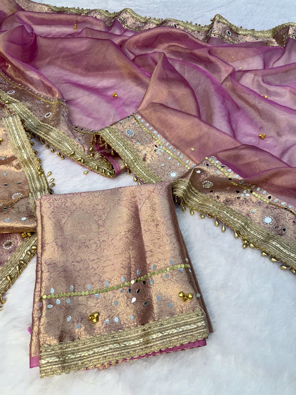 Premium Banarasi Tissue Zari Weaving Saree with Ghungroo Handwork Border