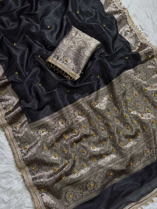 Premium Banarasi Tissue Zari Weaving Saree with Ghungroo Handwork Border