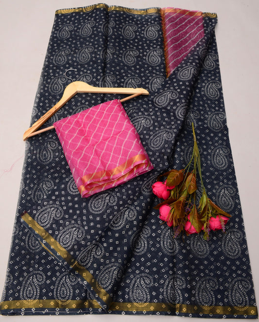 Pure Cotton Kota Doria Kalam Kari Floral Print Saree