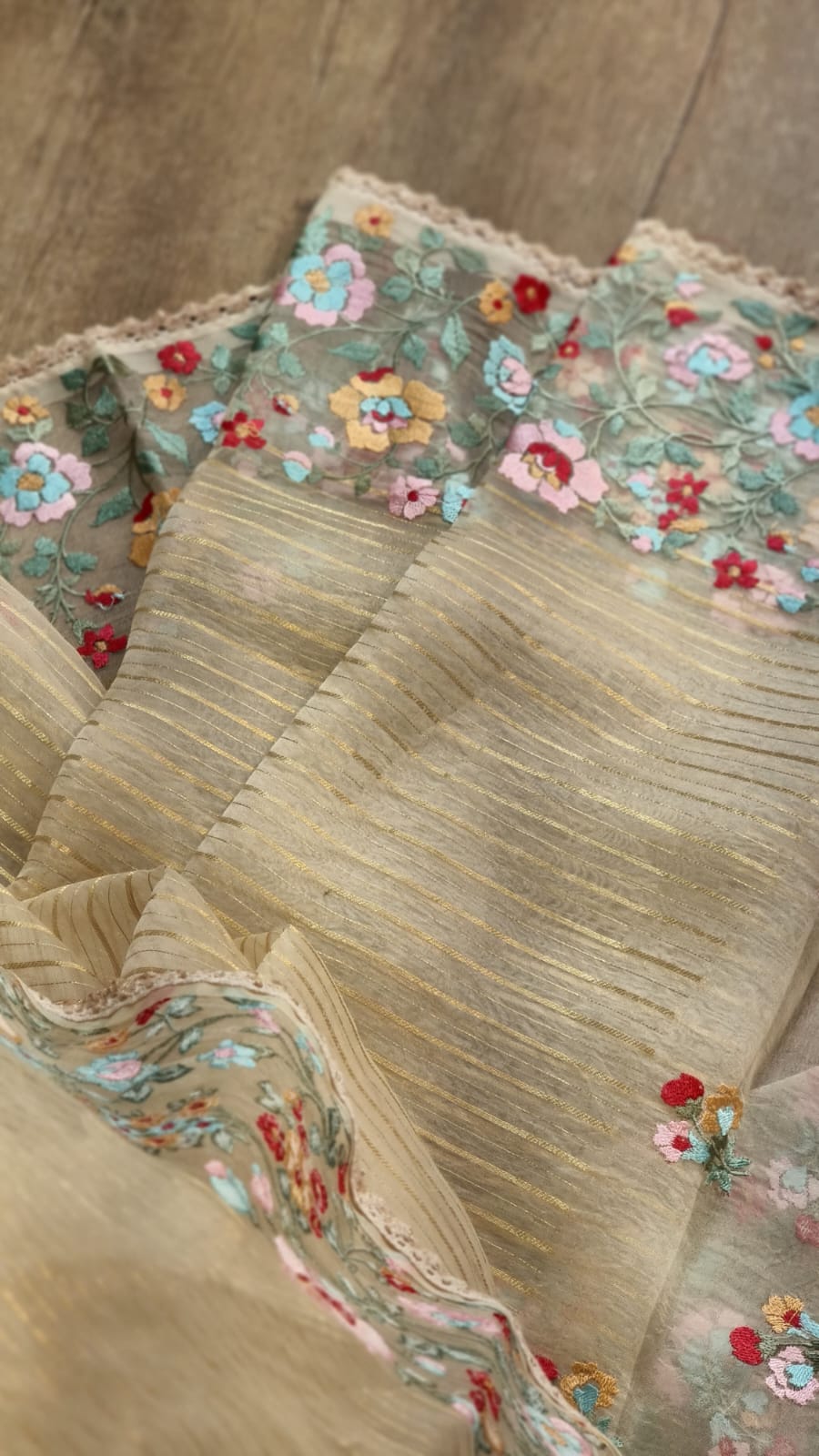 Pure Organza Silk  floral Embroidery Saree with velvet lace and heavy blouse