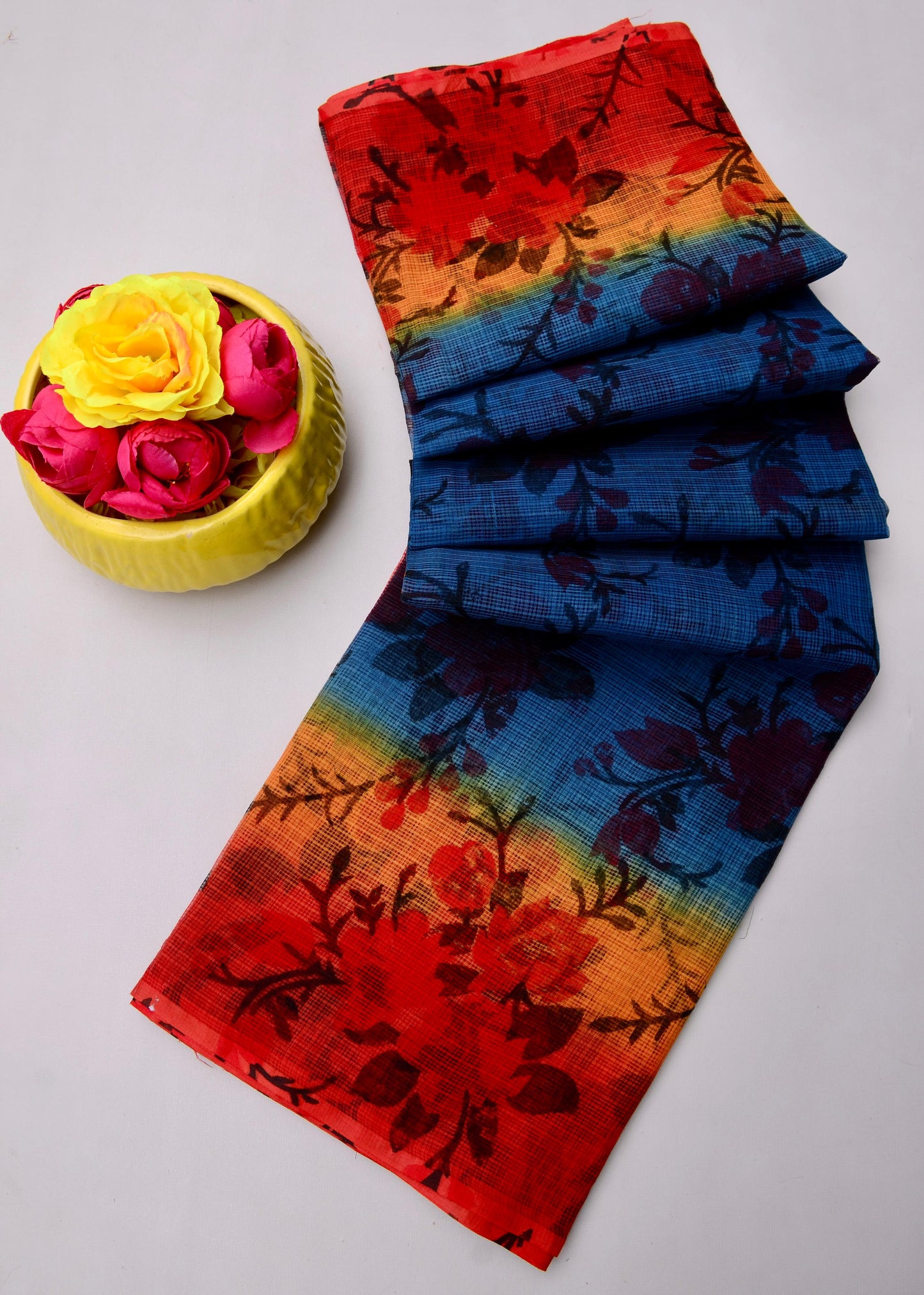 Pure Cotton Kota Doria Kalam Kari Floral Print Sarees