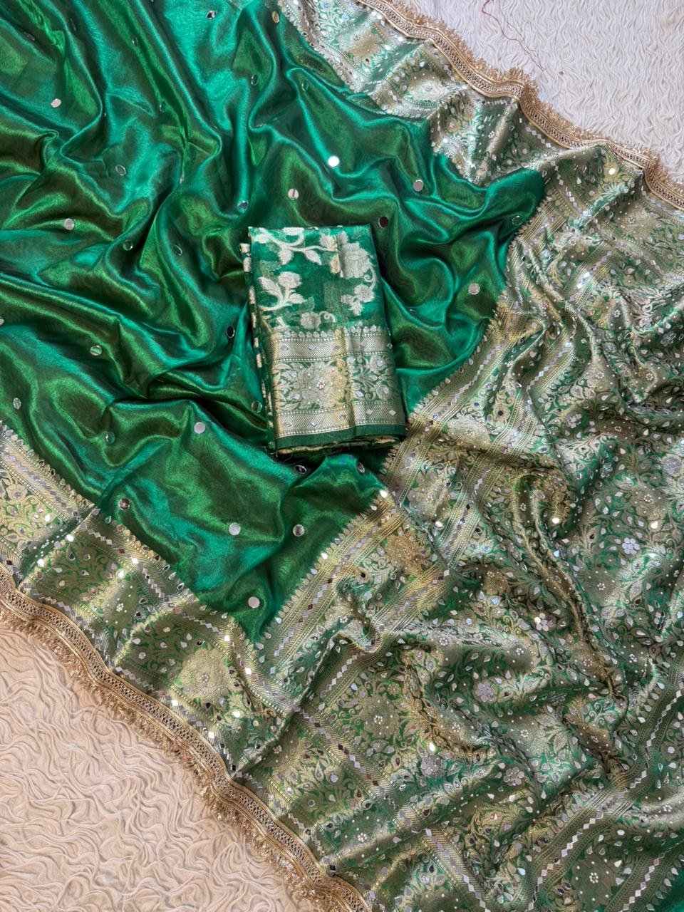 Banarasi Tissue Silk Saree With beautiful  borders with mirror  work