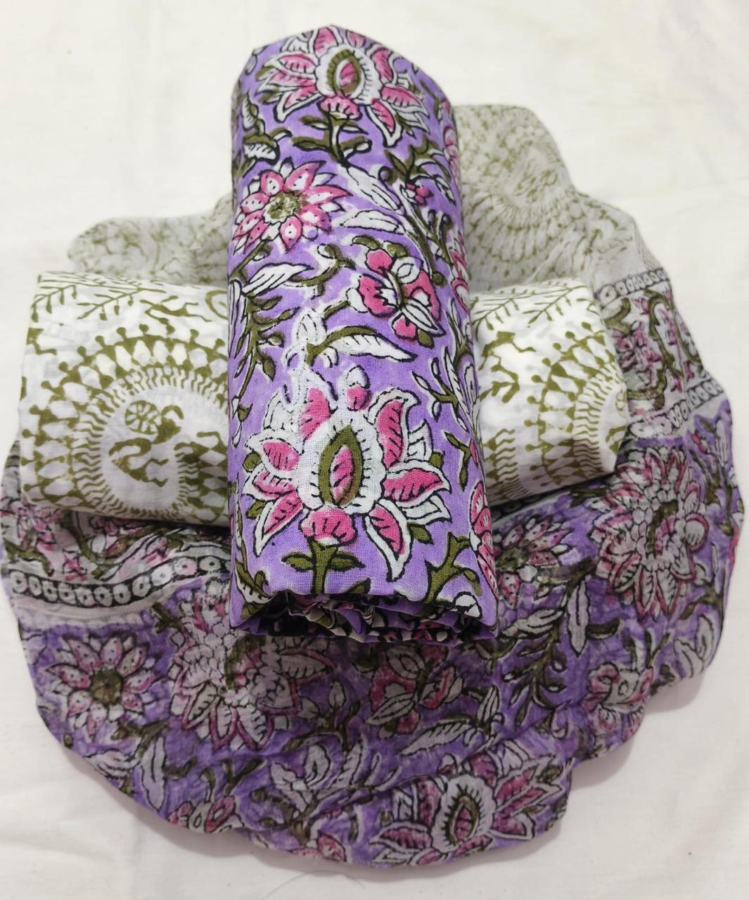 Pure cotton hand-block print suit with Chiffon dupatta